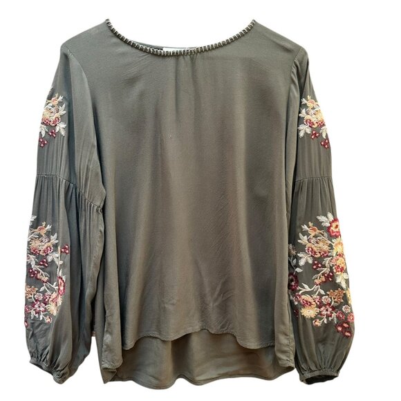 Andrée By Unit Olive Green Embroidered Floral‎ Long Sleeve Peasant Blouse L - Picture 1 of 5